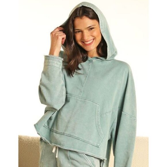 Rock & Roll Cowgirl Long Sleeve Seamed Mineral Washed Hooded Pullover Peacock Te - Picture 1 of 3
